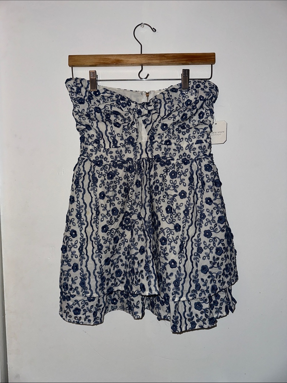Altar'd State White Strapless Dress with Navy Blue Embroidery